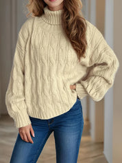 Cream cable-knit turtleneck sweater with balloon sleeves