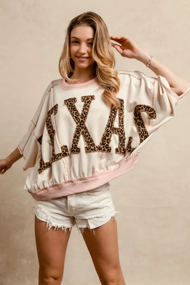 BiBi Leopard Print Texas Patchwork Overlock Stitch Top Tops