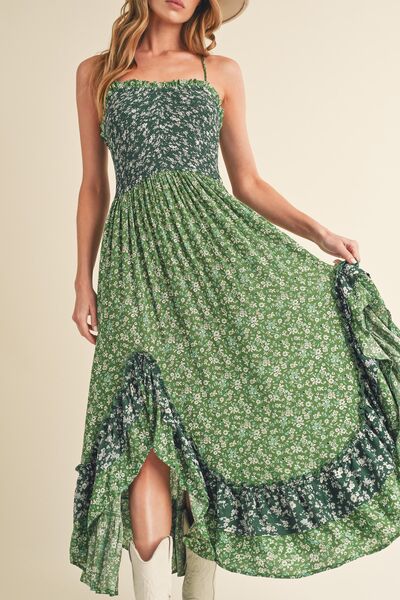 Aemi + Co Green Ditsy Floral Ruffled Hem Maxi Cami Dress Cami Dresses