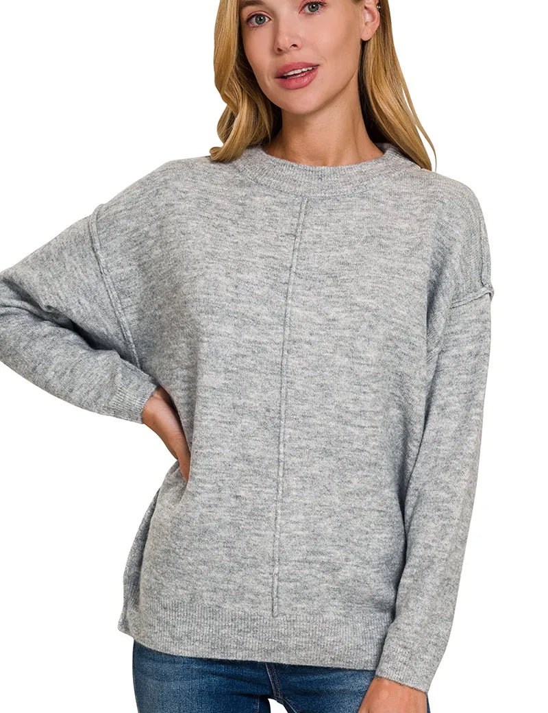 H GREY Zenana Melange Front Seam Round-Neck Sweater | Sweaters Daverri Fashions