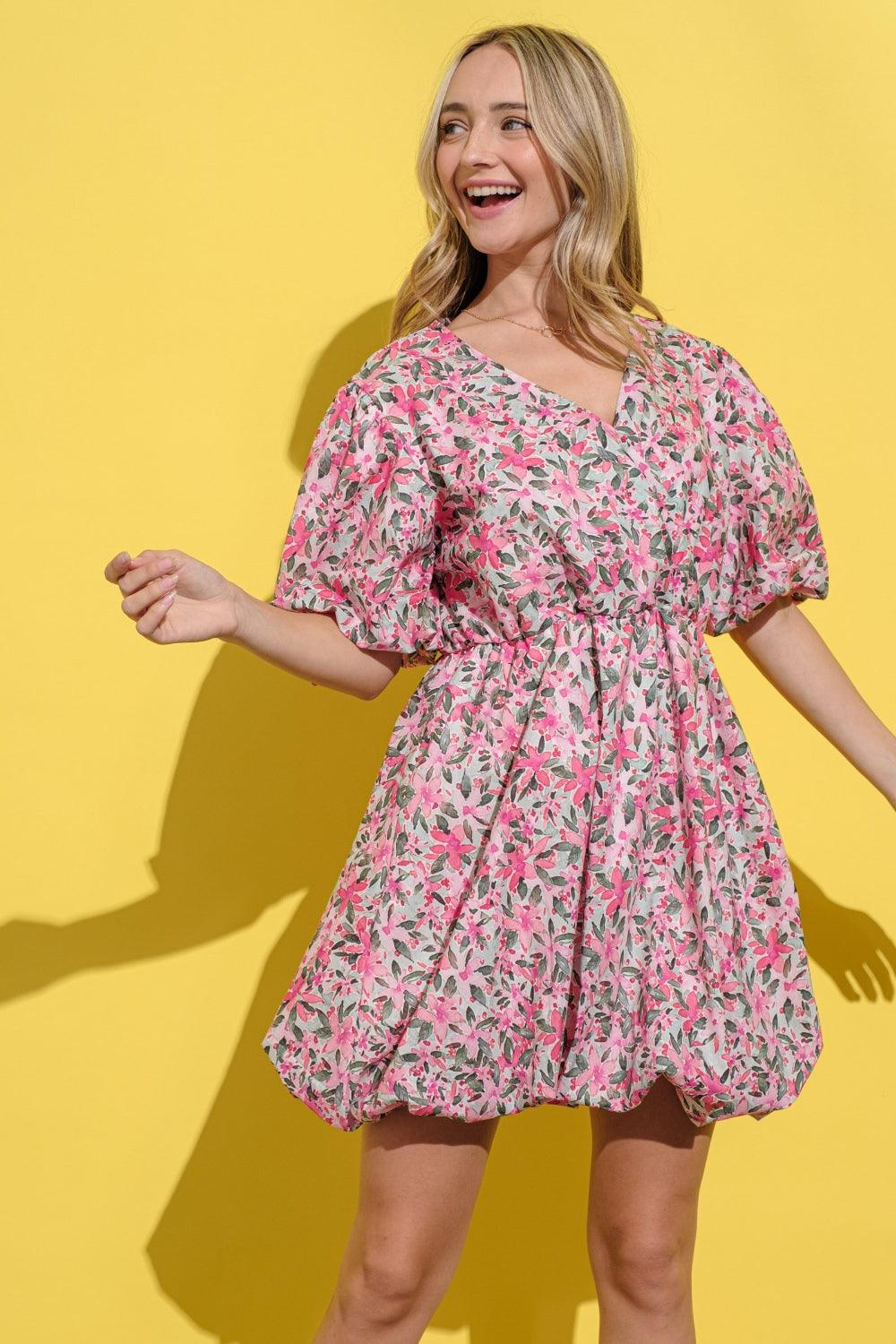 Pink Multi And The Why Full Size Floral Surplice Puff Sleeve Dress | Daverri Fashions