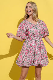 Pink Multi And The Why Full Size Floral Surplice Puff Sleeve Dress | Daverri Fashions