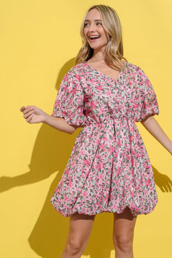 And The Why Full Size Floral Surplice Puff Sleeve Dress - DAVERRI FASHIONS