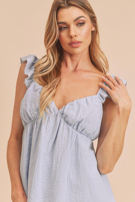 Aemi + Co Sweetheart Neck Ruffled Strap Top Sky Tops