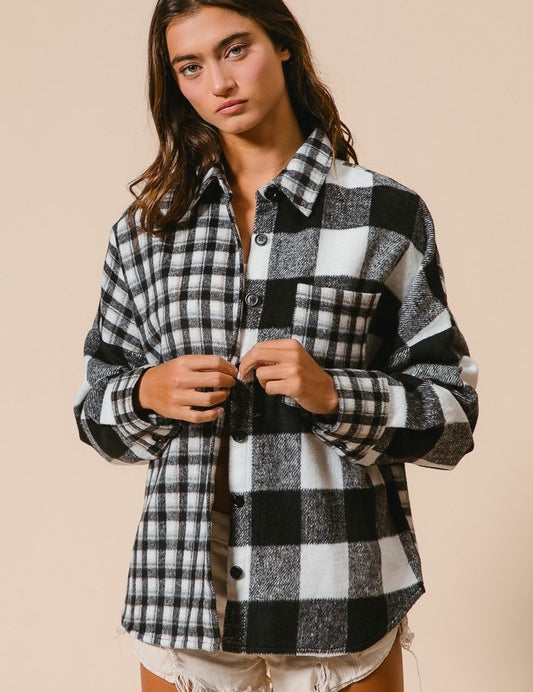 BiBi Plaid Fleece Button Down Long Sleeve Shirt Black