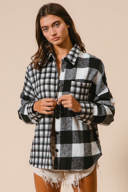 BiBi Plaid Fleece Button Down Long Sleeve Shirt Black