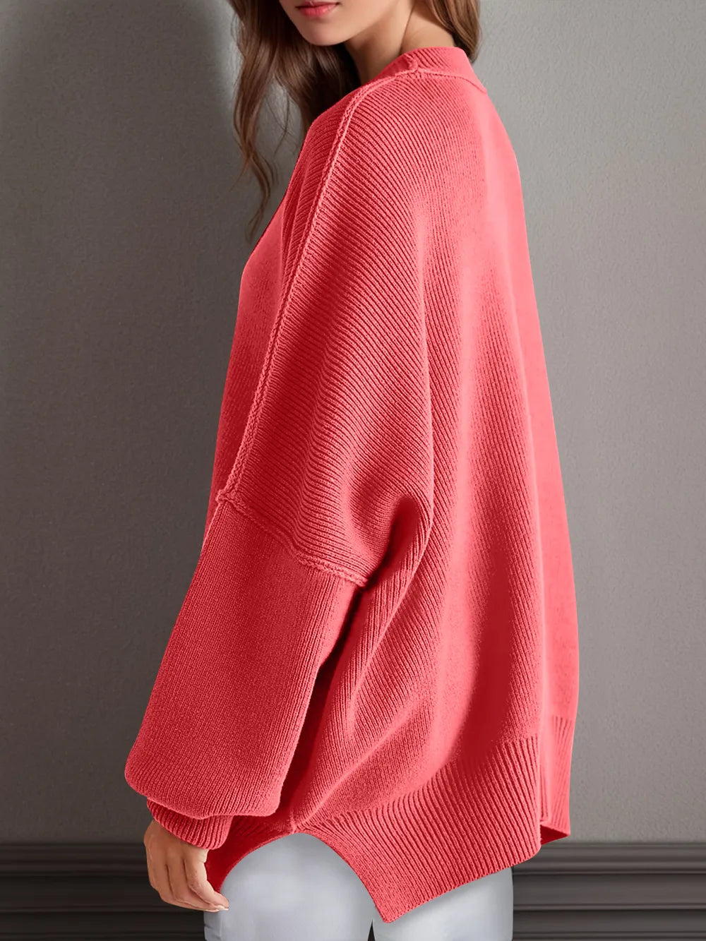 Side Slit Round Neck Long Sleeve Sweater | Sweaters Daverri Fashions