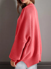Side Slit Round Neck Long Sleeve Sweater | Sweaters Daverri Fashions