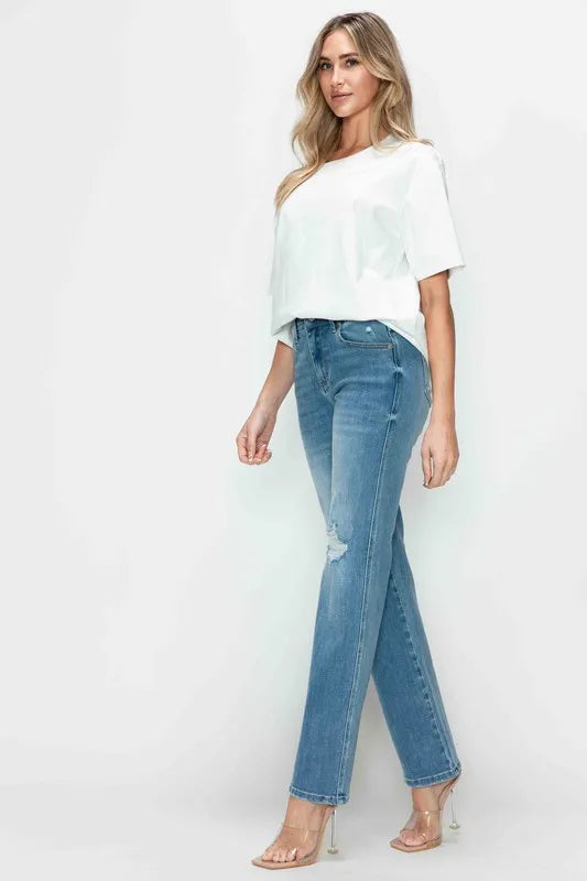 bytos Full Size Distressed High Rise Straight Jeans | Jeans Daverri Fashions