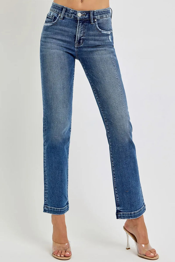 RISEN Full Size Tummy Control Elastic Band Mid Rise Straight Jeans Jeans