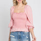 GeeGee Full Size Ruffled Smocked Frill Square Neck Top Plus Size Blush Pink Tops