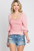 GeeGee Full Size Ruffled Smocked Frill Square Neck Top Plus Size Blush Pink Tops