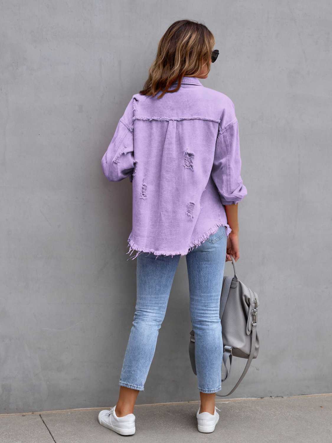 Distressed Drop Shoulder Denim Jacket | Denim Jackets Daverri Fashions