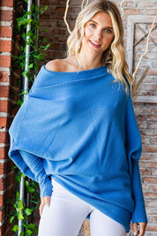 French Blue Asymmetrical Hem Dolman Sleeve Sweater Tops