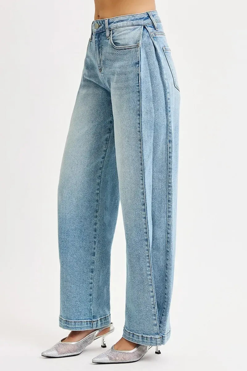 RISEN Mid Rise Wide Barrel Transferable Leg Snap Jeans - DAVERRI FASHIONS