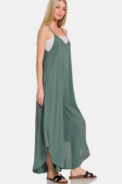 Zenana Sleeveless Curved Hem Wide Leg Overalls with Pockets