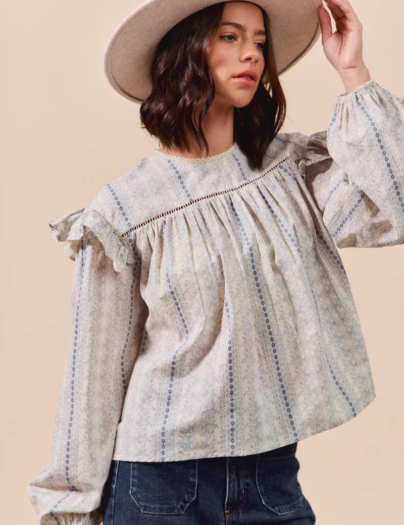 SO ME Floral Cotton Print Ruffled Long Sleeve Blouse | Daverri Fashions