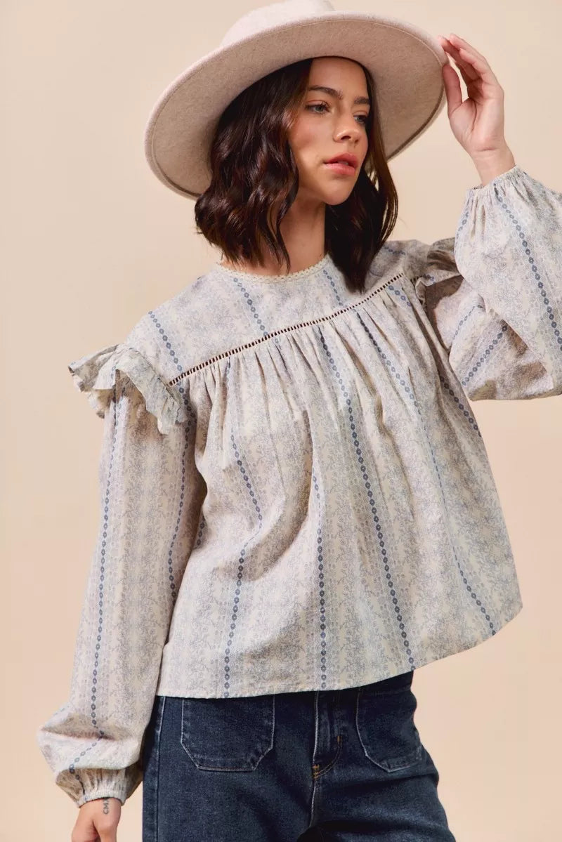 SO ME Floral Cotton Print Ruffled Long Sleeve Blouse | Daverri Fashions