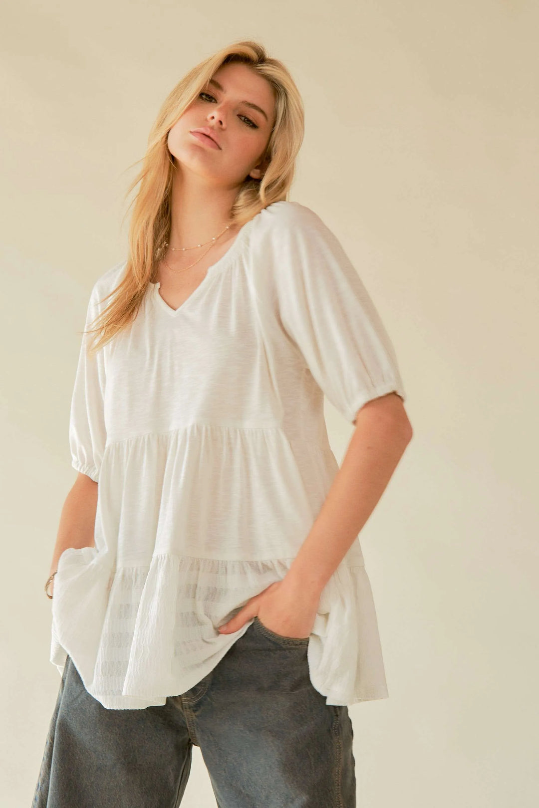 Davi & Dani Ruffled Flared Short Sleeve V Neck Blouse Blouses