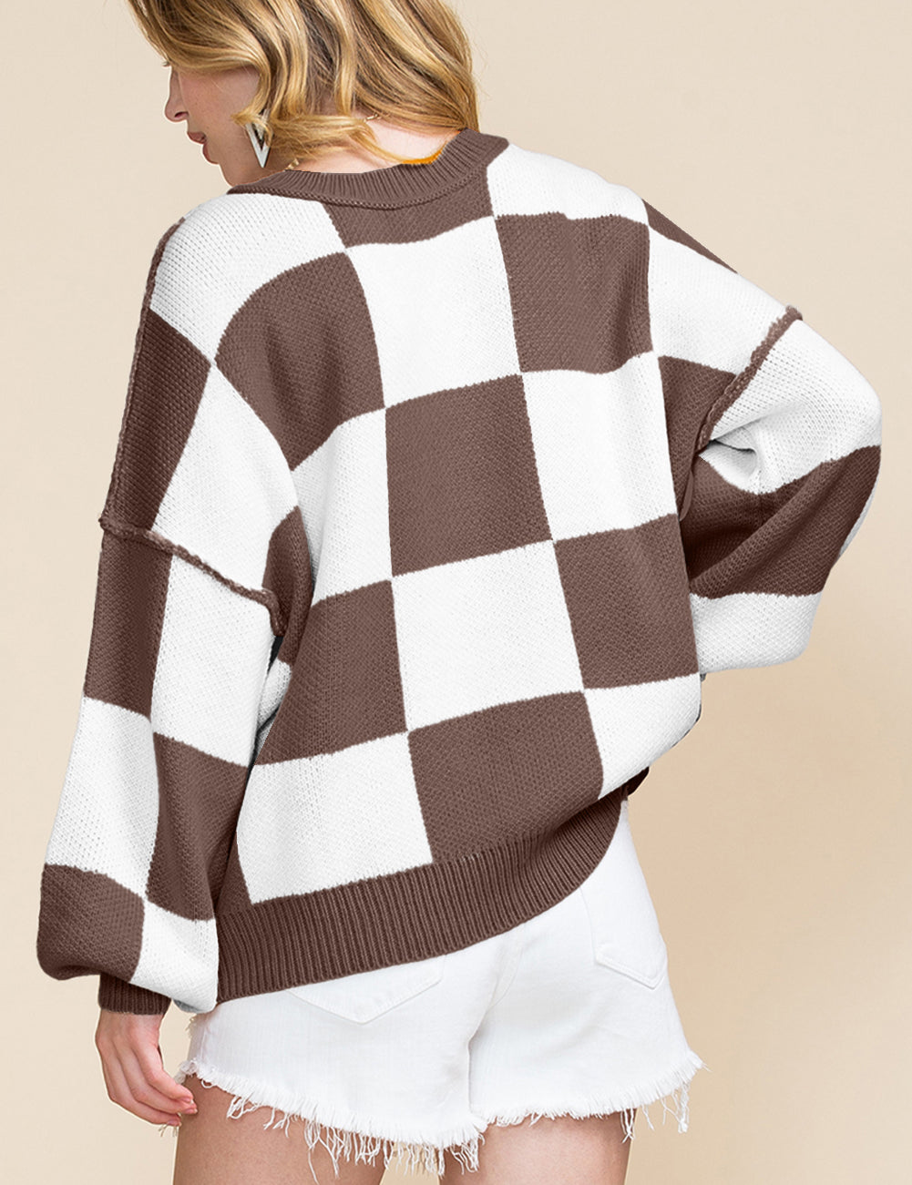 Checkered Bishop Sleeve Sweater | Sweaters Daverri Fashions