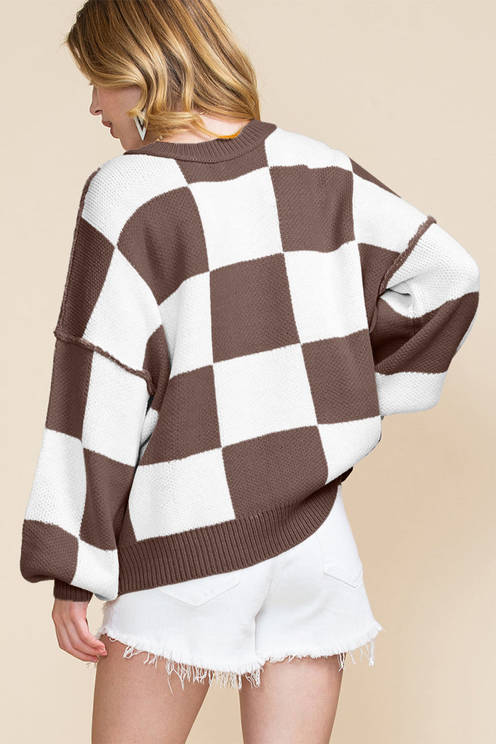 Checkered Bishop Sleeve Sweater | Sweaters Daverri Fashions