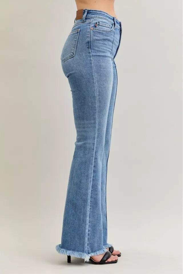 Judy Blue High Waist Flare Fray Hem Jeans with Front Pintuck Detail | Daverri Fashions