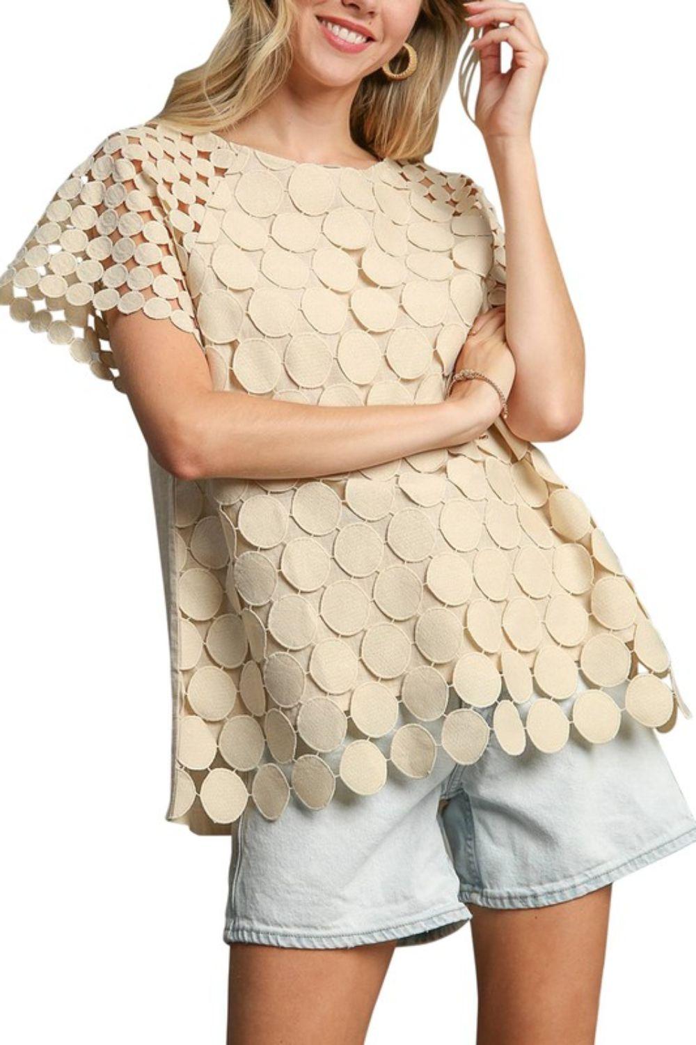 Umgee Full Size Mixed Polka Dot Lace Raglan Sleeve Boxy Cut Top Plus Size Tan 1XL