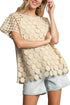 Umgee Full Size Mixed Polka Dot Lace Raglan Sleeve Boxy Cut Top Plus Size Tan 1XL