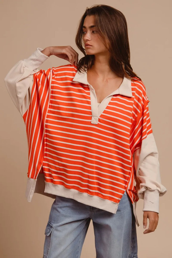 BiBi Stripe Knit Loose Fit Top With Cut Edge Detail Tops