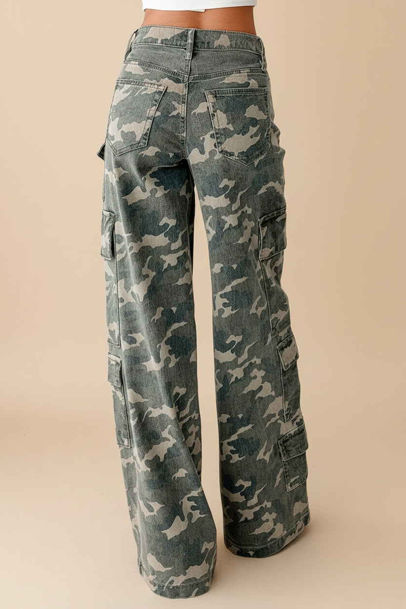 Green Camo Cargo Wide Leg Denim Jeans