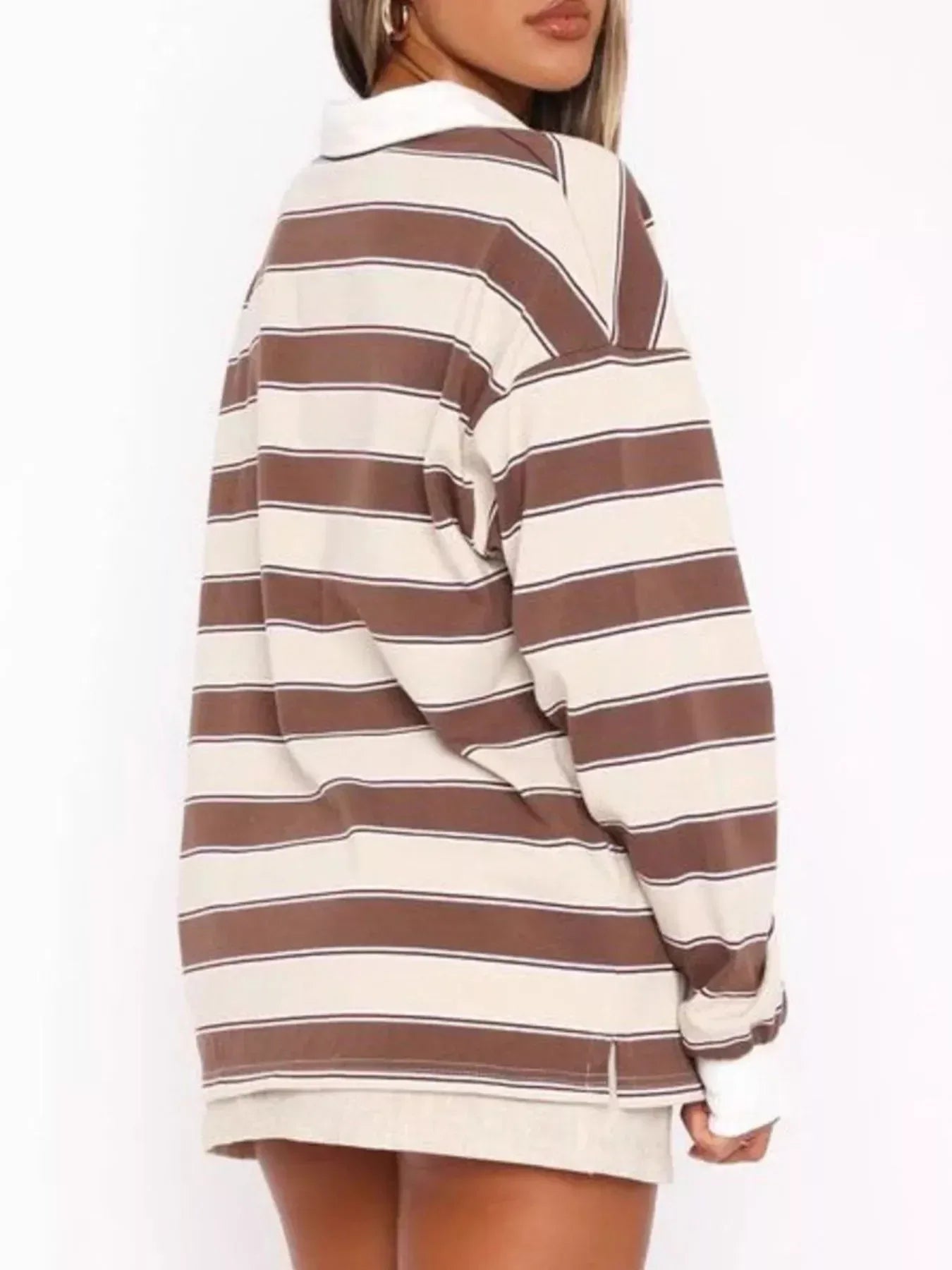Striped Button Detail Long Sleeve Polo - DAVERRI FASHIONS