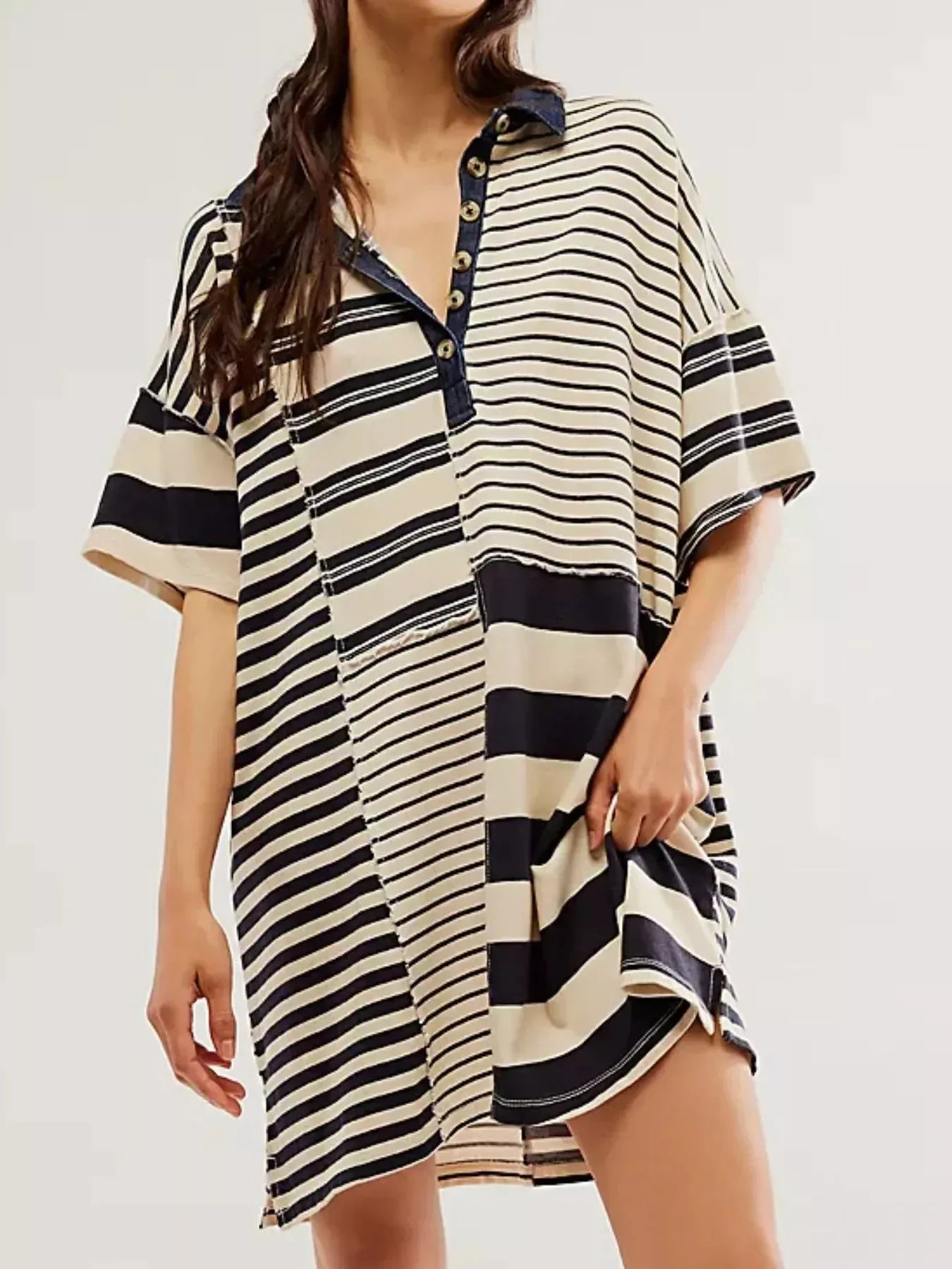 Striped Oversized Half Button Shirt Dress - DAVERRI FASHIONS