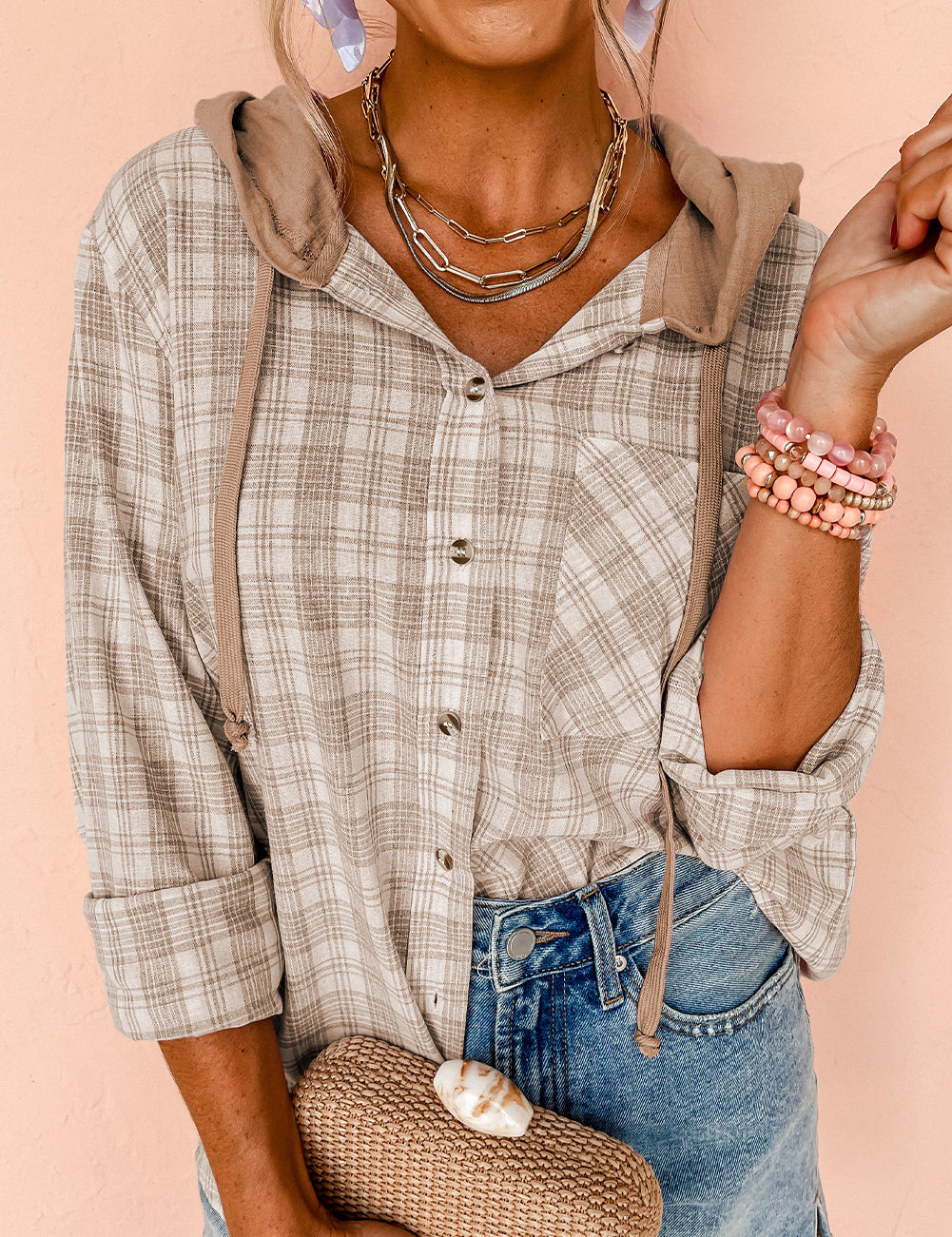 Khaki 65%Polyester+35%Cotton Pink Checkered Print Loose Fit Buttoned Hooded Shacket | Shackets Daverri Fashions