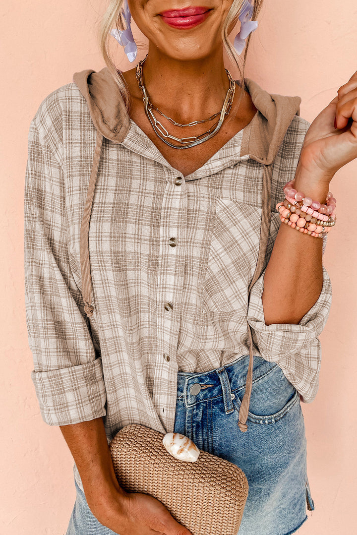 Khaki 65%Polyester+35%Cotton Pink Checkered Print Loose Fit Buttoned Hooded Shacket | Shackets Daverri Fashions