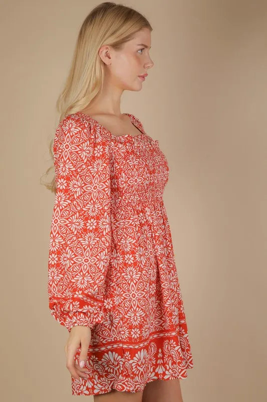 VERY J Printed Smocked Chest Boho Mini Dress | Mini Dresses Daverri Fashions