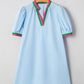 Notched Puff Sleeve Swing Dress in light blue cotton with pink and green piping