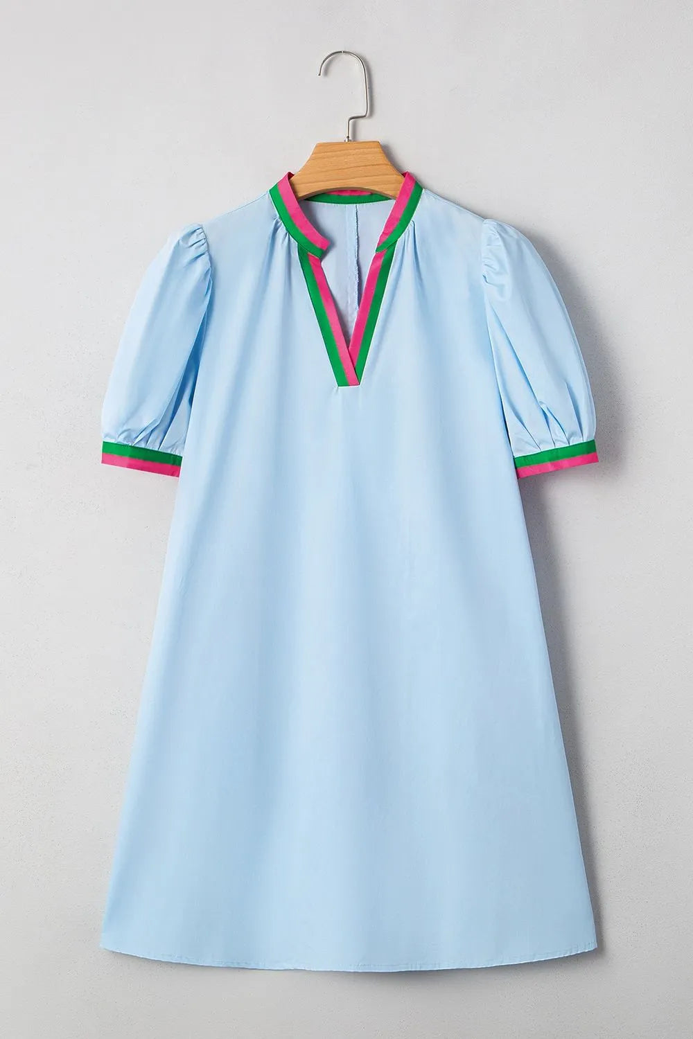 Notched Puff Sleeve Swing Dress in light blue cotton with pink and green piping
