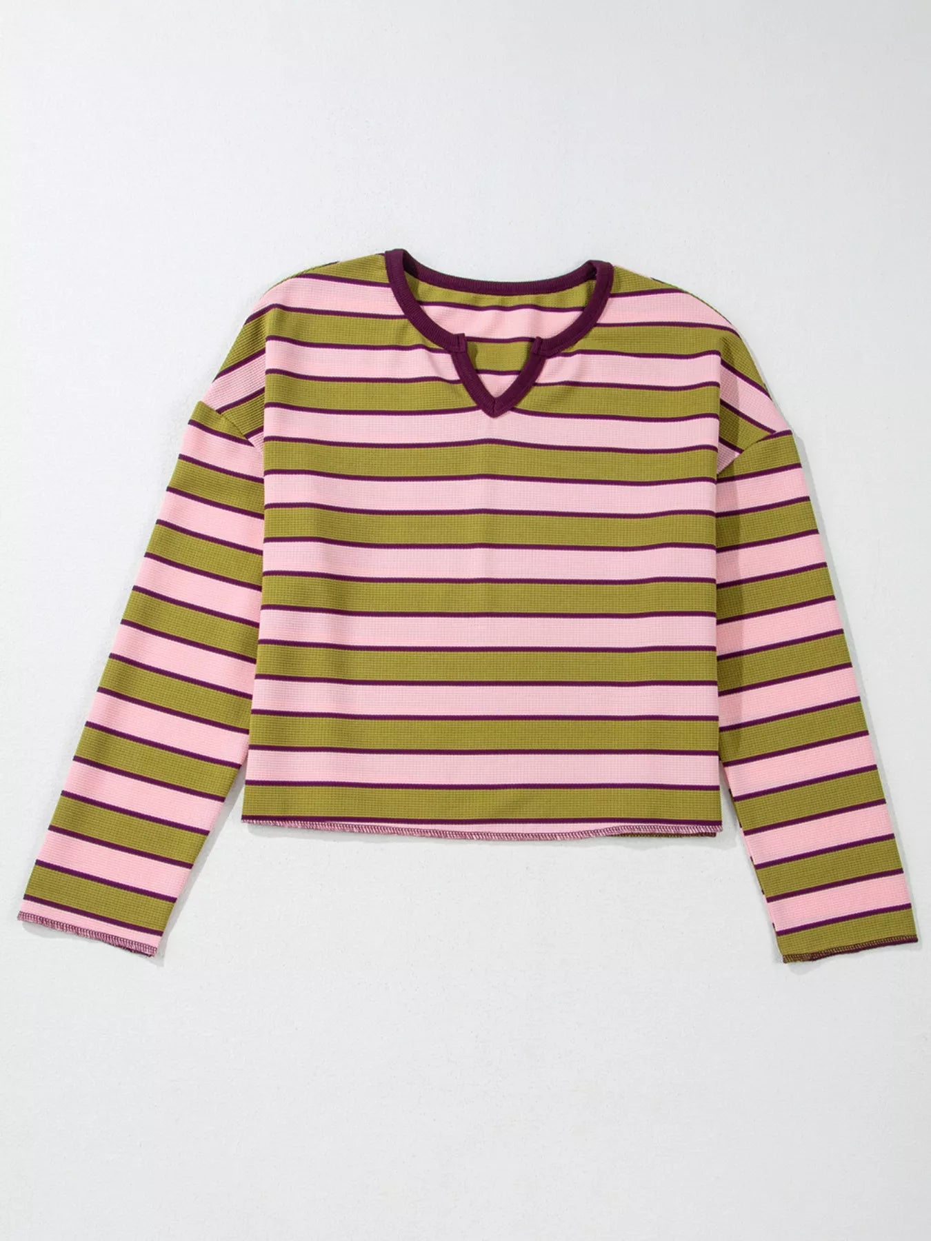 Daverri Fashions olive green and pink striped waffle texture long-sleeve cotton top