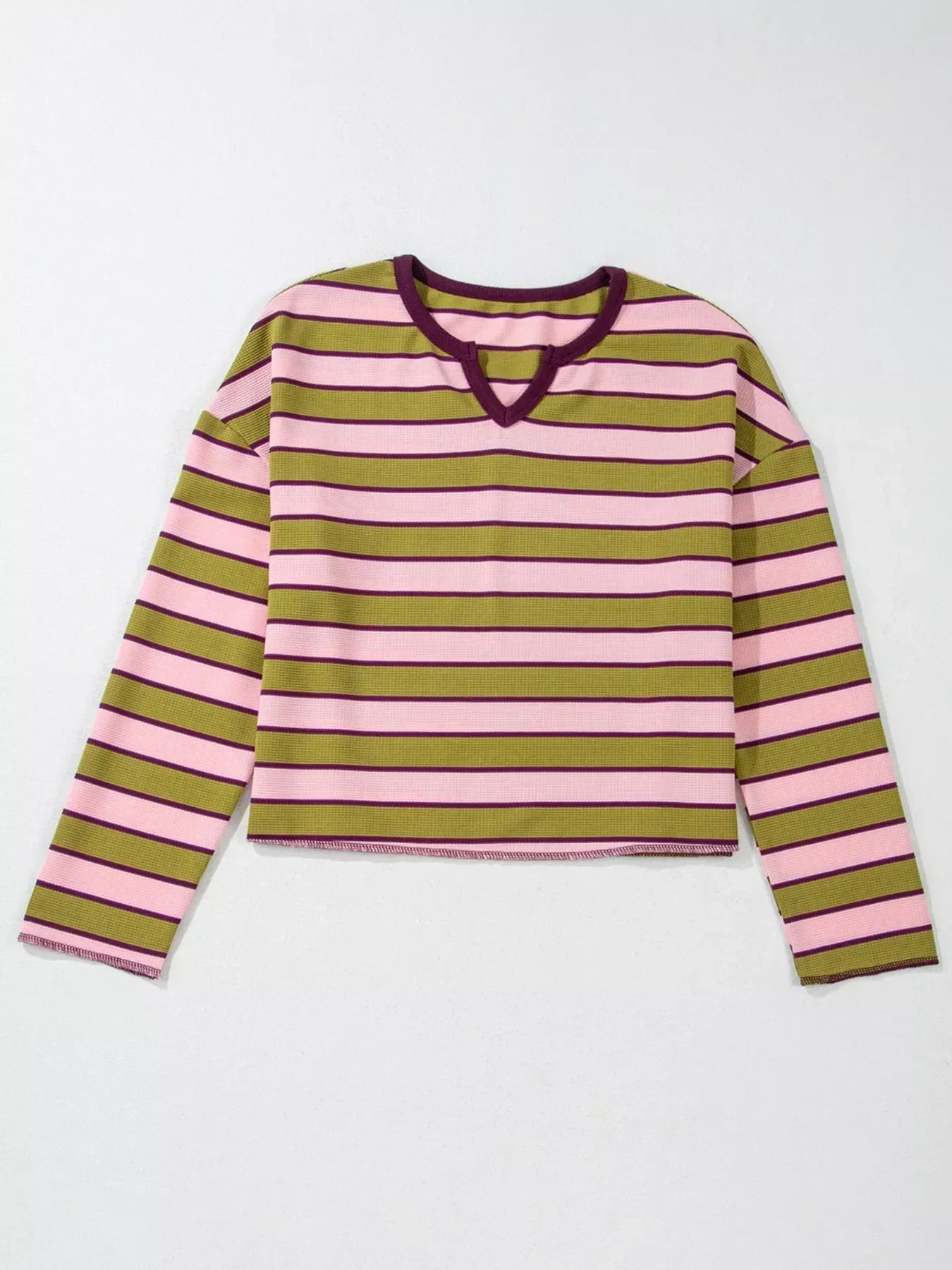 Daverri Fashions Striped Waffle Texture Notched Neck Long Sleeve Top - DAVERRI FASHIONS