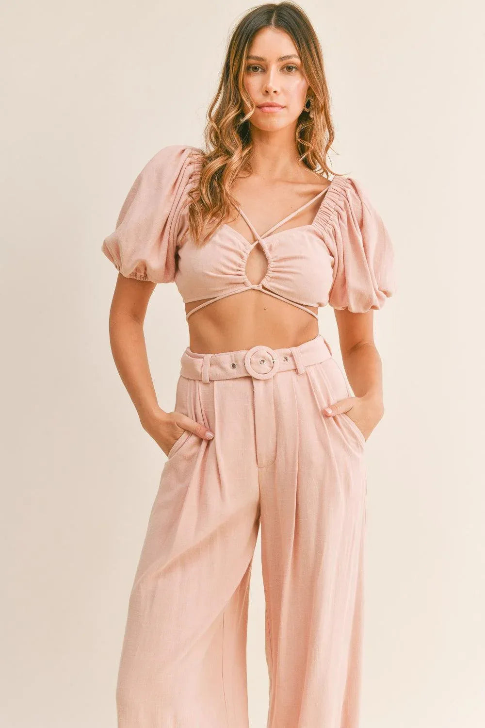 MABLE Cut Out Drawstring Crop Top and Belted Pants Set L - DAVERRI FASHIONS