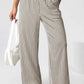 Beige and black striped elastic high waist loose pants with pockets