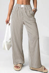 Beige and black striped elastic high waist loose pants with pockets