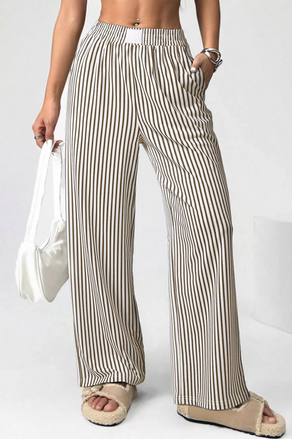 Beige and black striped elastic high waist loose pants with pockets