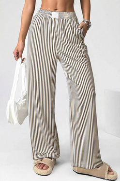 Beige and black striped elastic high waist loose pants with pockets