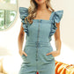 BiBi Zip Up Front Denim Romper With Ruffles Rompers