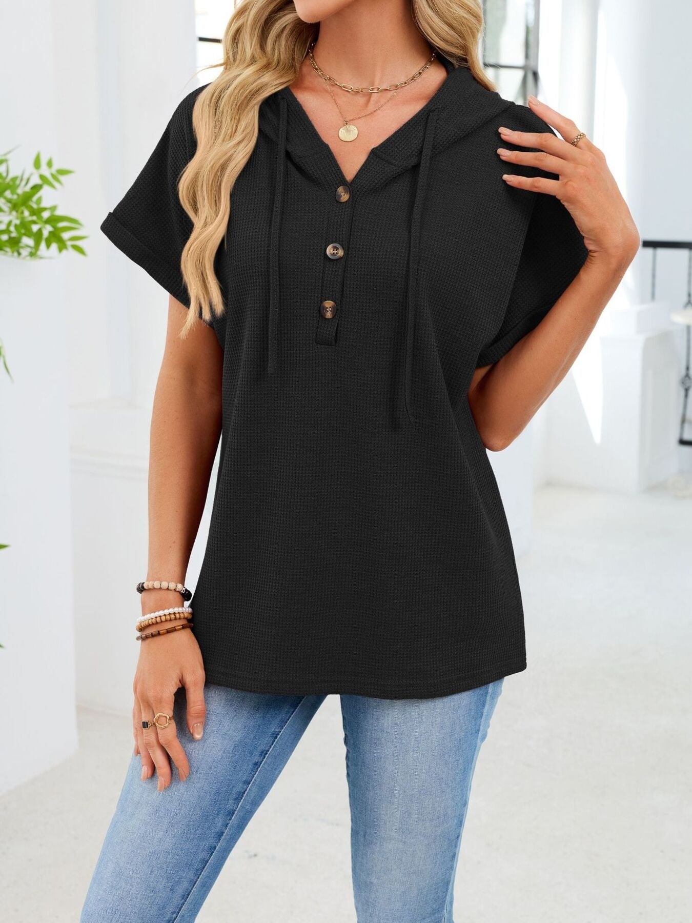 Daverri casual waffle knit button detail hooded top, black ribbed short sleeve front