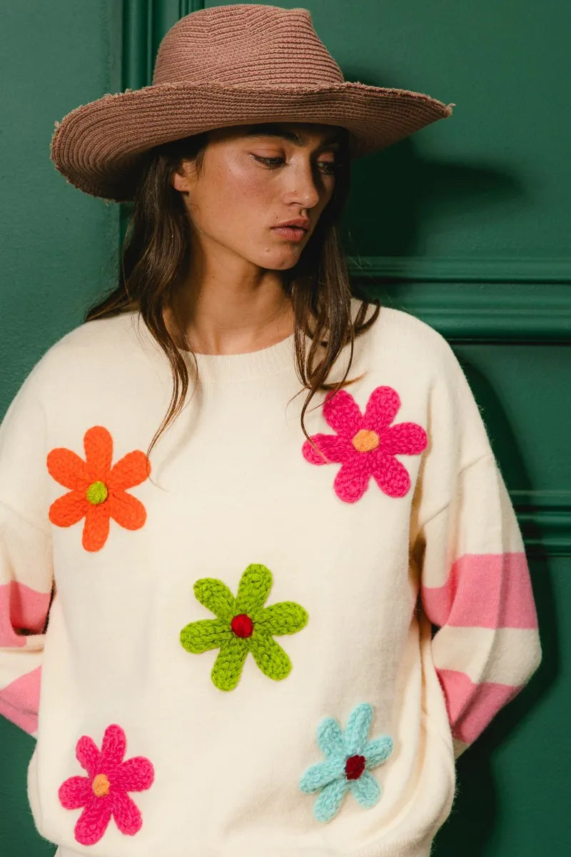 OATMEAL BiBi Colorful Floral Patched Sweater with Striped Sleeve | Sweaters Daverri Fashions