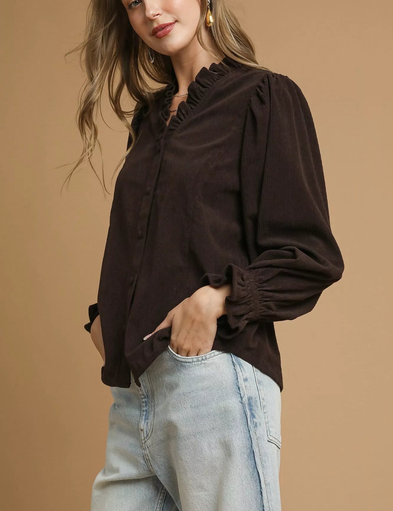 Umgee Corduroy Ruffle Shirt with Long Puff Sleeves | Shirts Daverri Fashions