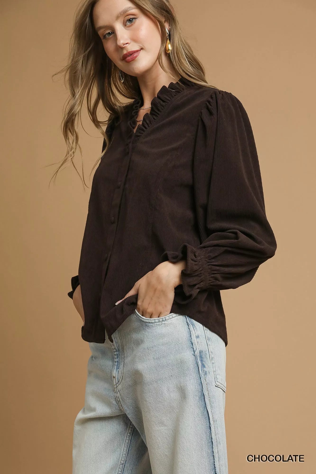 Umgee Corduroy Ruffle Shirt with Long Puff Sleeves | Shirts Daverri Fashions