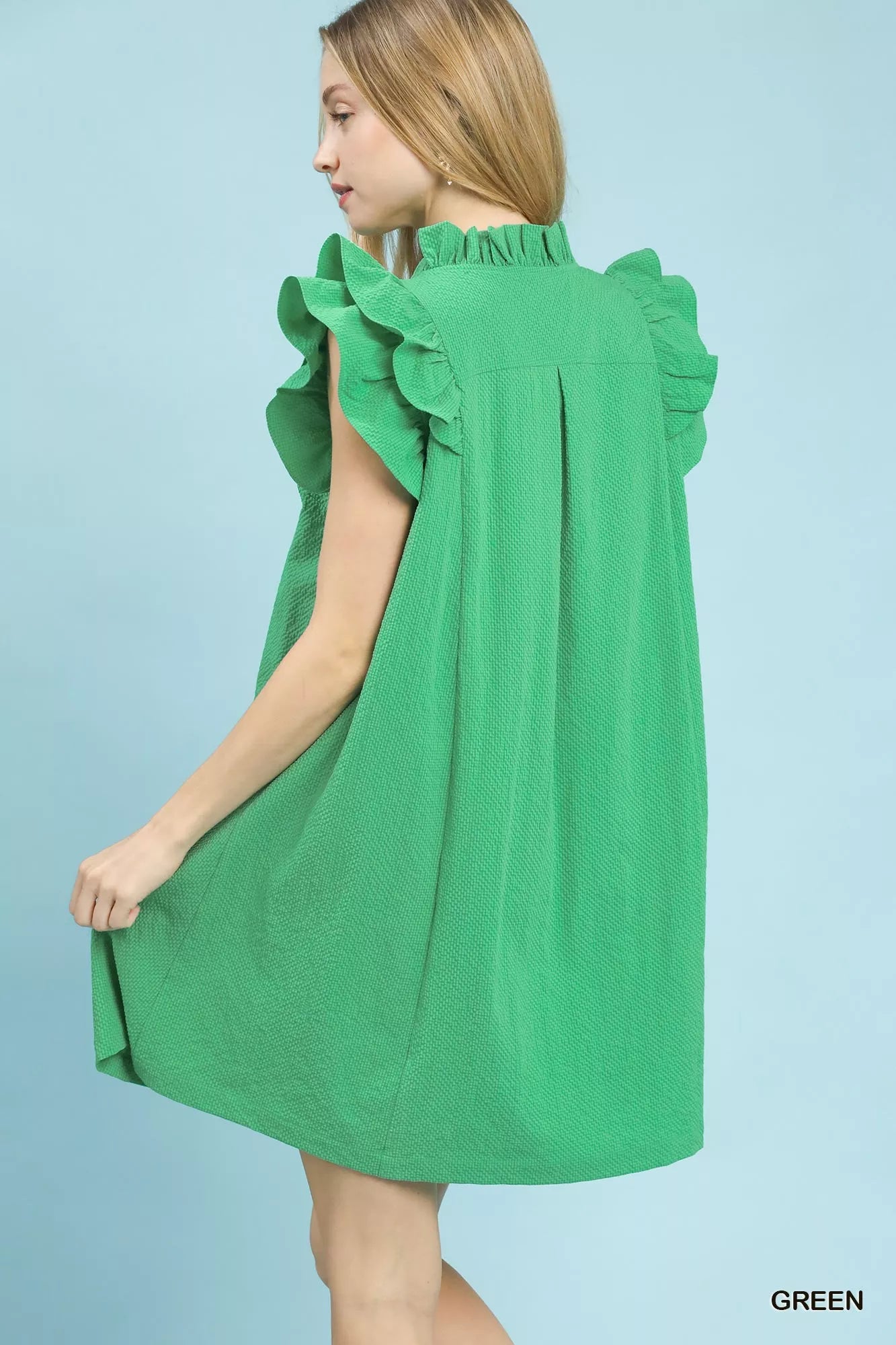 Umgee Seersucker Ruffle Shift Dress in vibrant green with ruffles